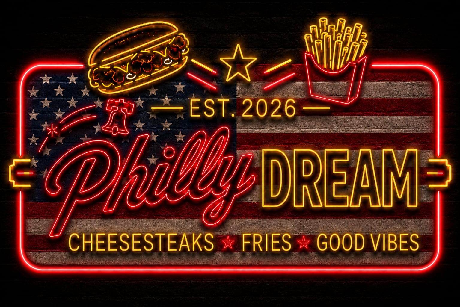 Philly Dream neon sign — Cheesesteaks, Fries, Good Vibes, Est. 2026